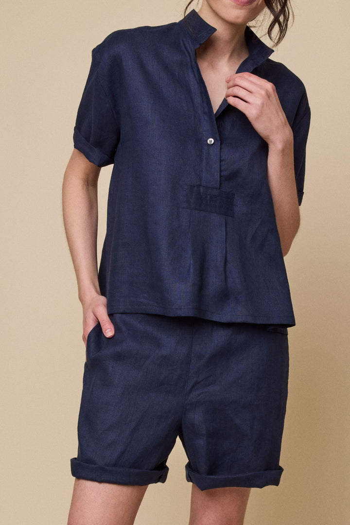Set - Short Sleeve Cropped Sleep Shirt & Lounge Short Navy Linen