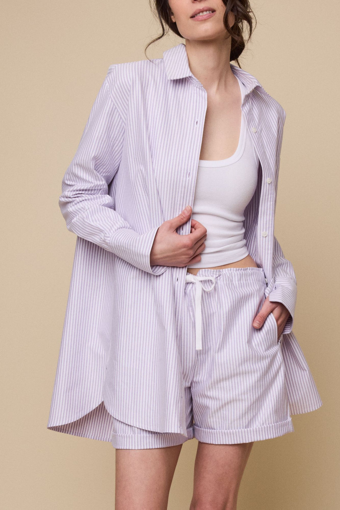 Set - Classic Shirt & Lounge Short Lavender Oxford Stripe