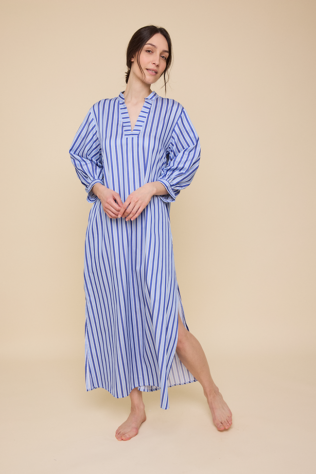 Bishop Sleeve Kaftan Blue en Bleu Stripe