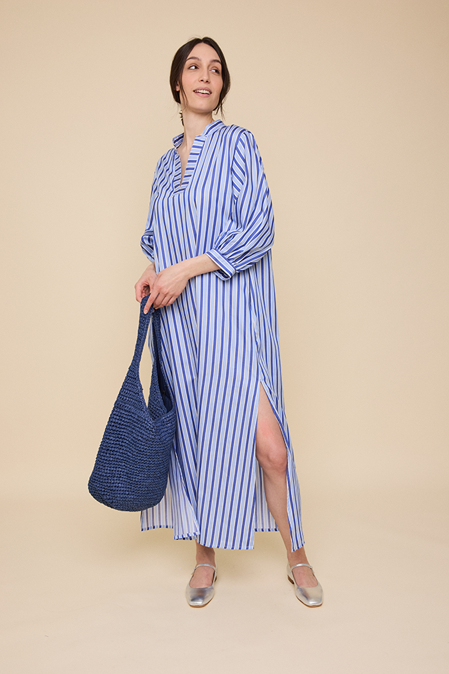 Bishop Sleeve Kaftan Blue en Bleu Stripe