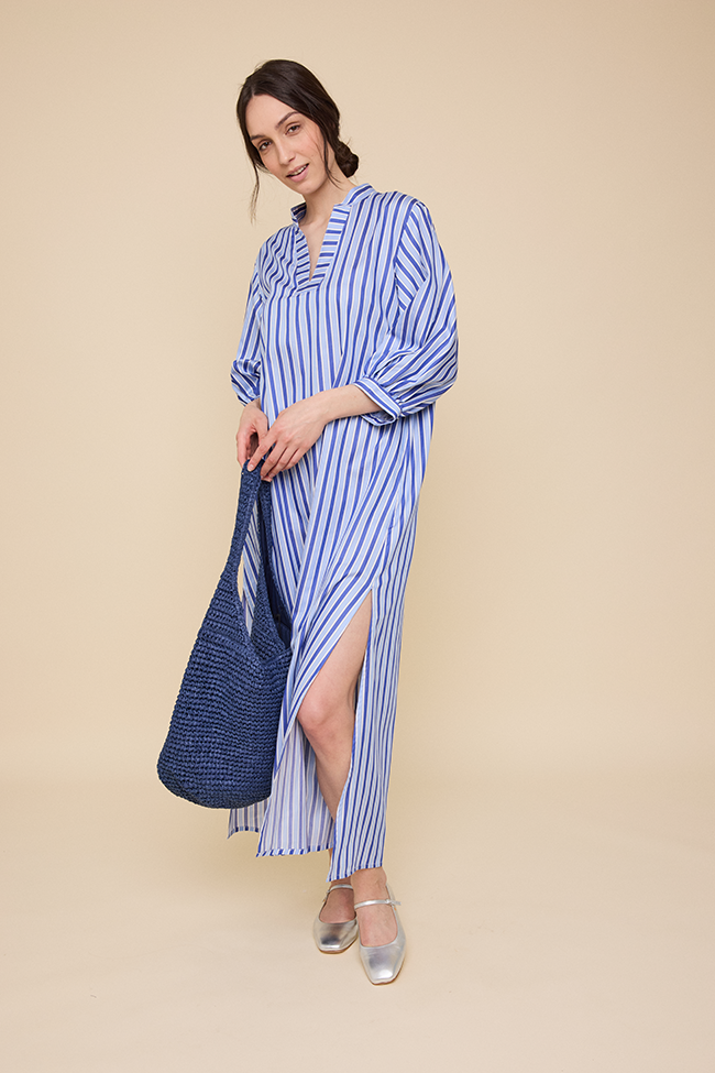 Bishop Sleeve Kaftan Blue en Bleu Stripe