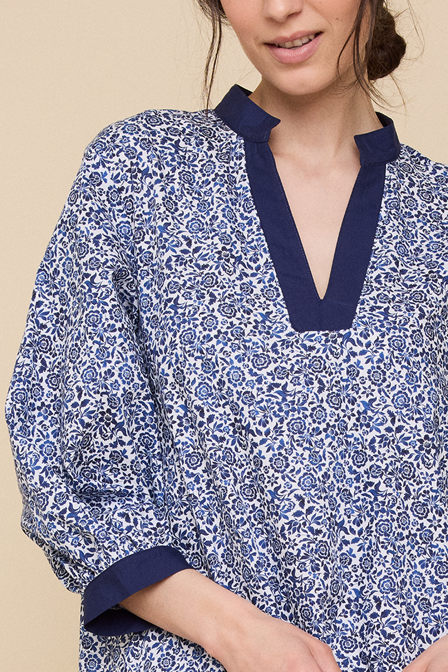 Bishop Sleeve Kaftan Blue Floral Cotton