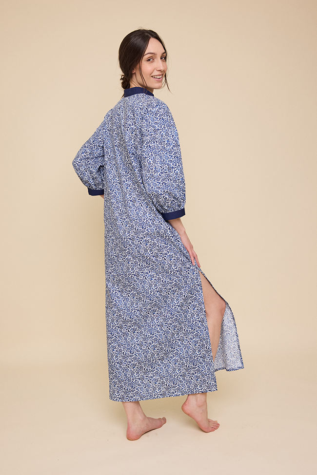 Bishop Sleeve Kaftan Blue Floral Cotton
