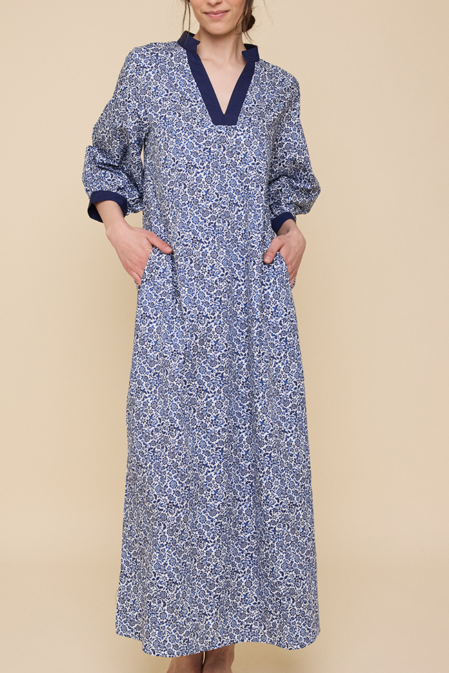 Bishop Sleeve Kaftan Blue Floral Cotton