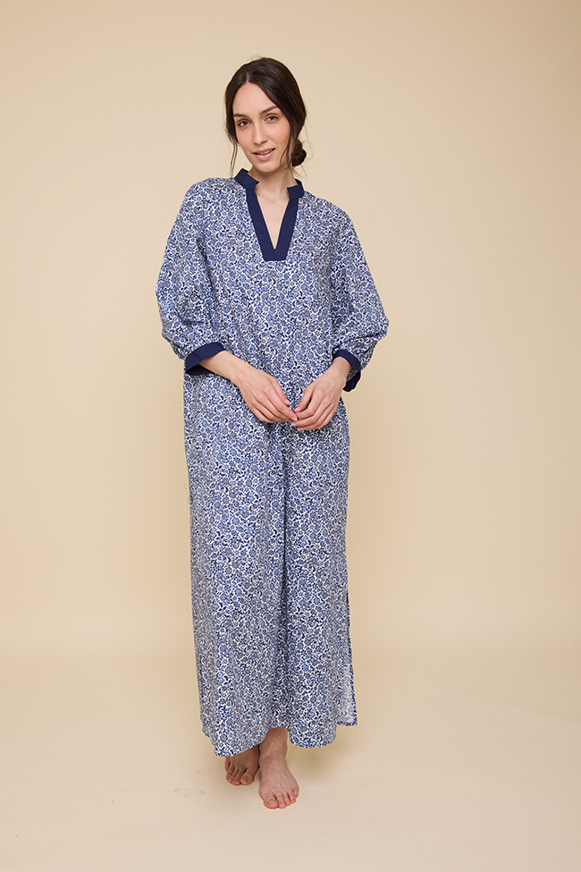 Bishop Sleeve Kaftan Blue Floral Cotton