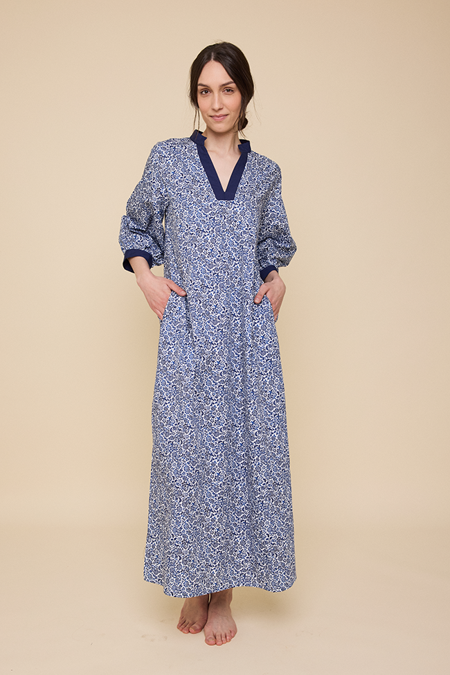 Bishop Sleeve Kaftan Blue Floral Cotton