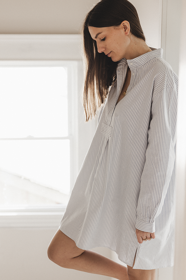 Short Sleep Shirt Blue Oxford Stripe