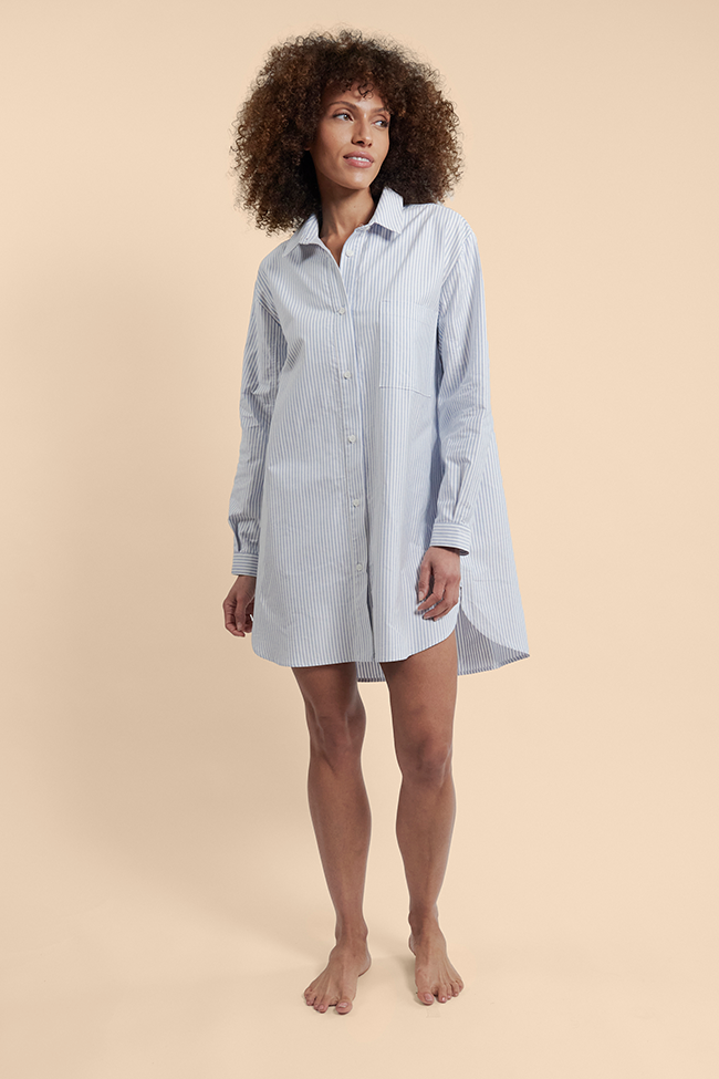 sleep shirt dress Classic Blue Oxford Stripe Cotton Blue Sweater Over Collar covered buttons flattering plus size pants Color:SIENNA ROSE