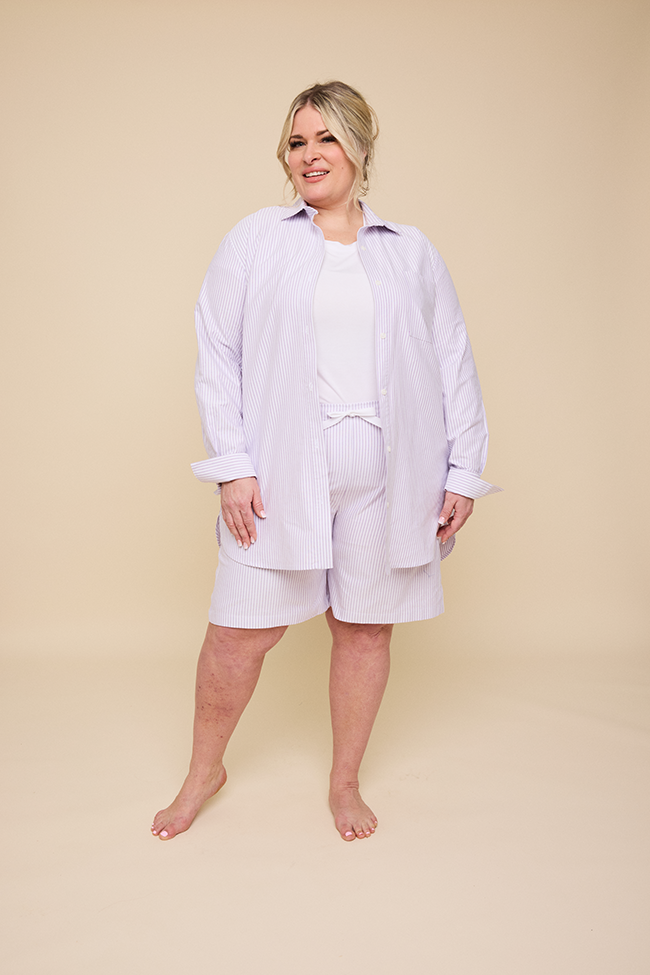 Set - Classic Shirt & Lounge Short Lavender Oxford Stripe