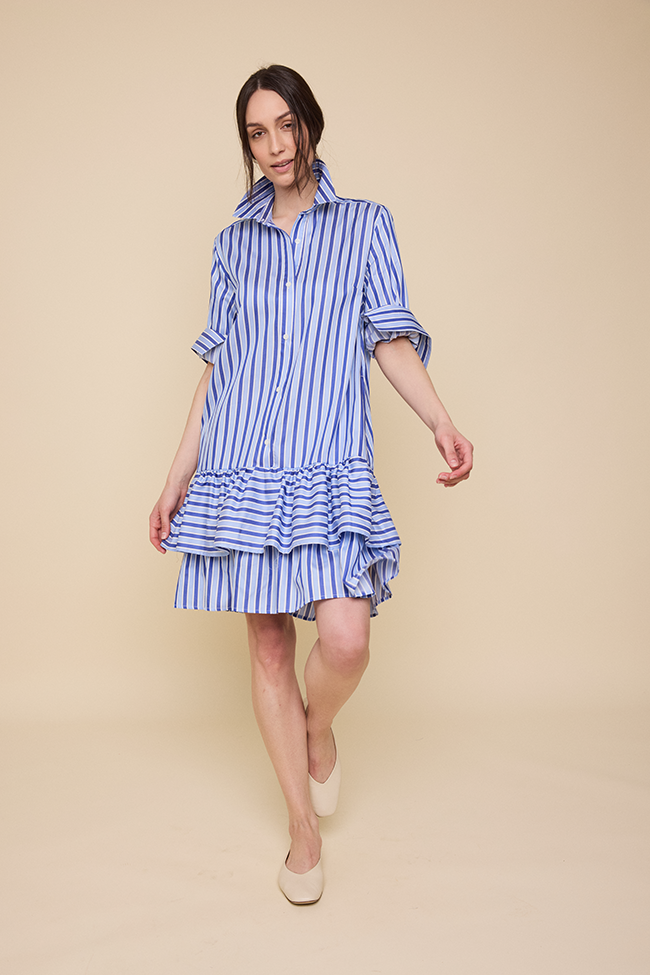 Double Ruffle Sleep Shirt Blue en Bleu Stripe