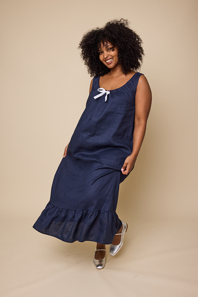 Long Sleeveless Nightie Navy Linen