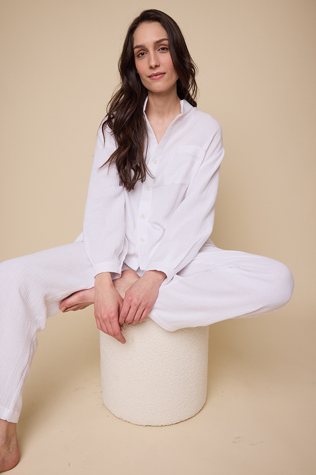 Set - Long Sleeve Shirt & Lounge Pant White Double Gauze