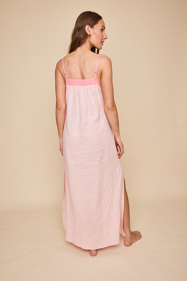 Full Length Gathered Dress Sea Shell Pink Linen