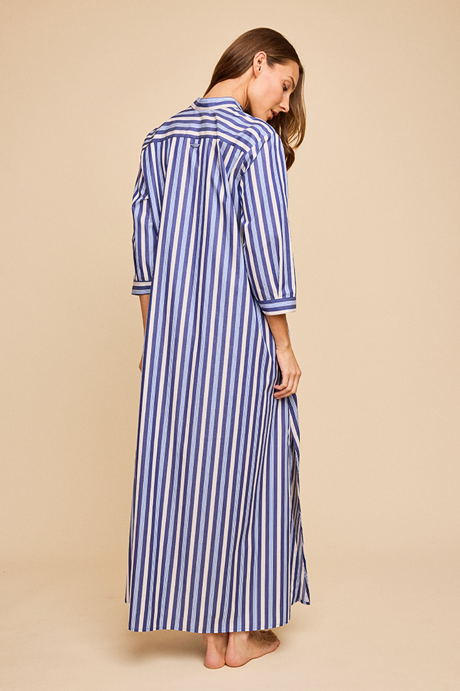 Full Length Sleep Shirt Navy Taupe Stripe