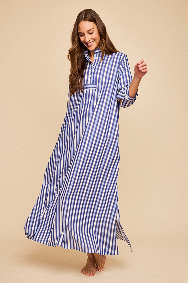 Full Length Sleep Shirt Navy Taupe Stripe