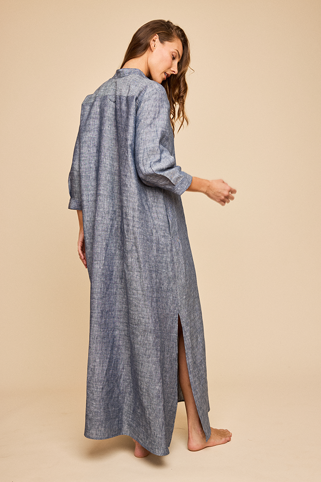 Full Length Sleep Shirt Navy Linen Chambray
