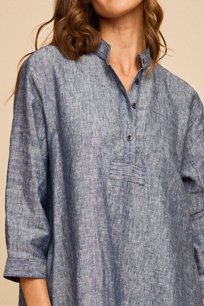 Full Length Sleep Shirt Navy Linen Chambray