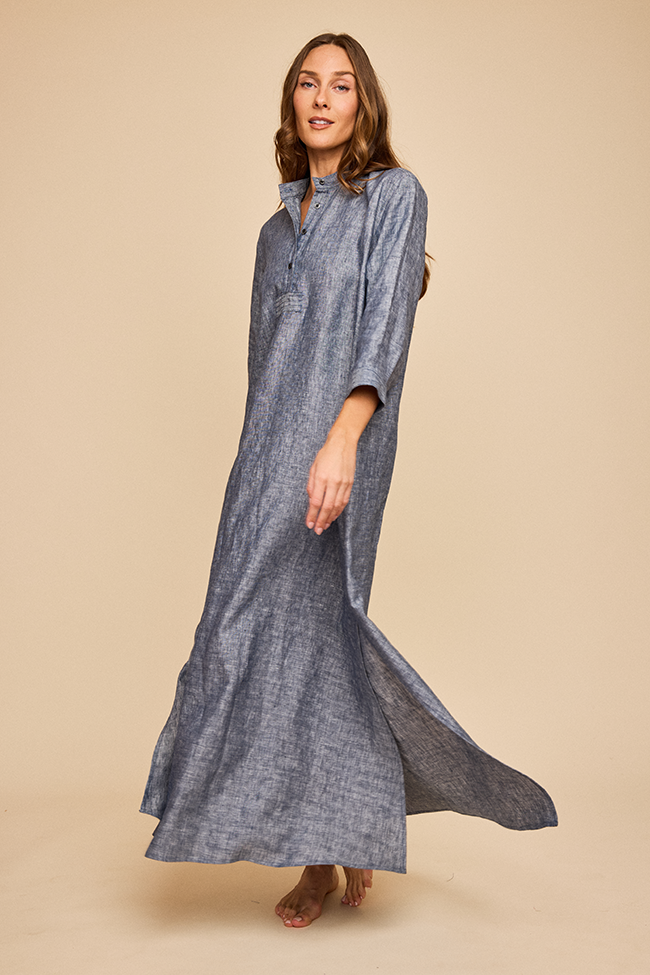 Full Length Sleep Shirt Navy Linen Chambray