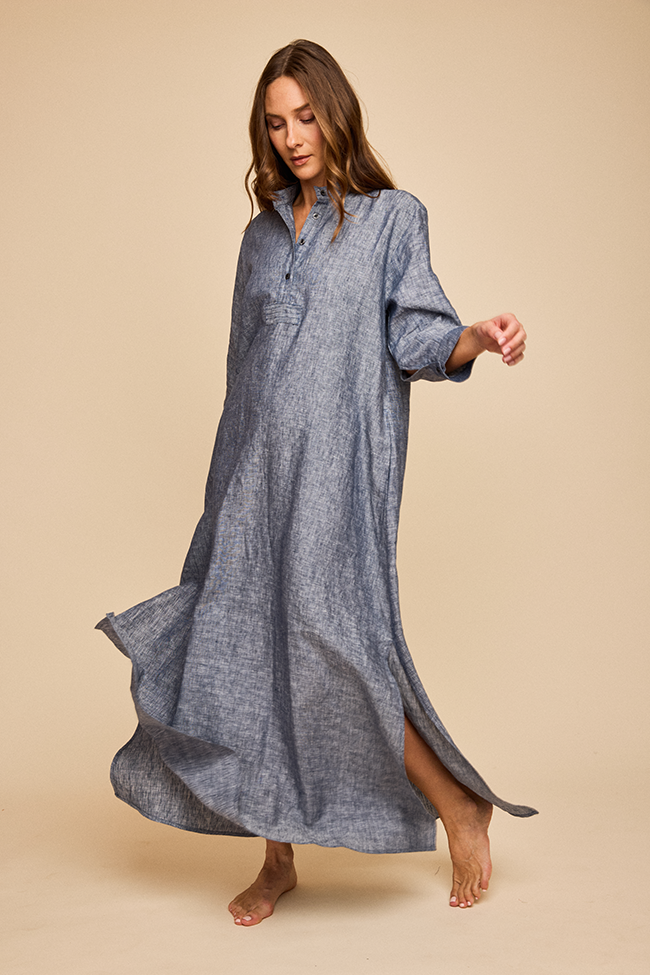 Full Length Sleep Shirt Navy Linen Chambray