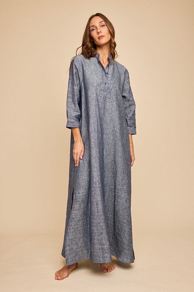 Full Length Sleep Shirt Navy Linen Chambray