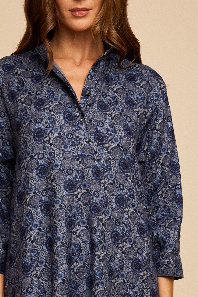 Full Length Sleep Shirt Navy Paisley Flannel