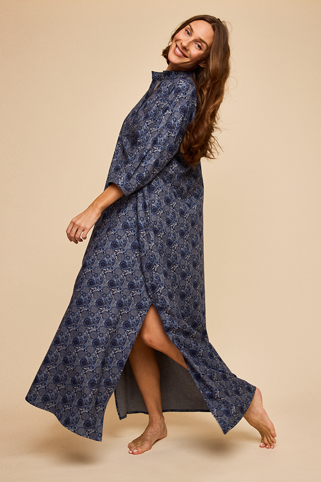 Full Length Sleep Shirt Navy Paisley Flannel