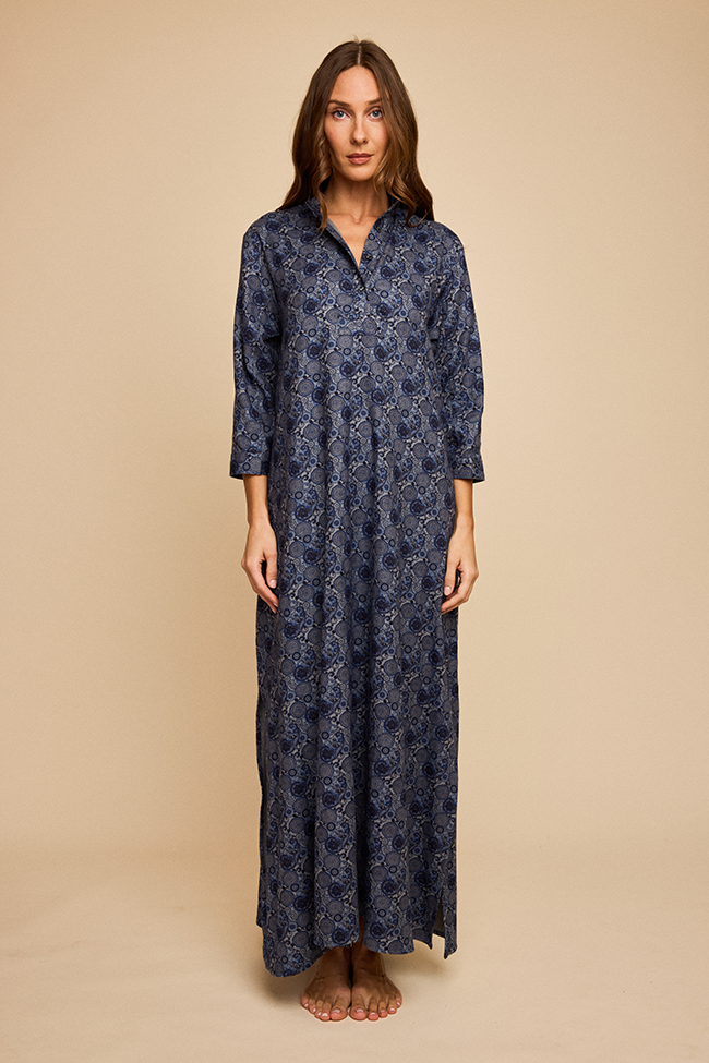 Full Length Sleep Shirt Navy Paisley Flannel