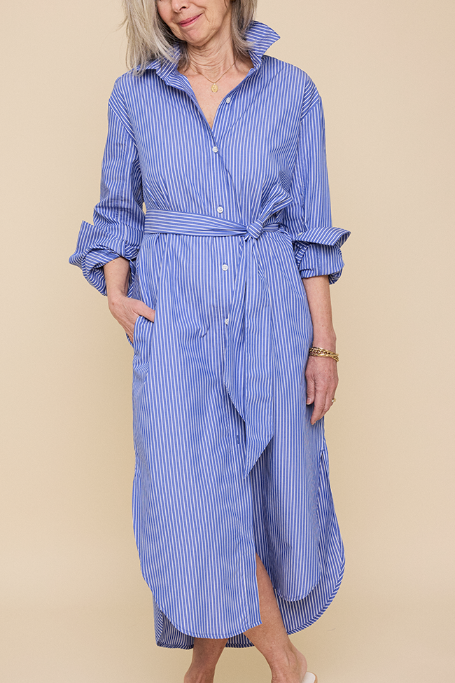 Long Belted Shirt Dress Blue & White Stripe