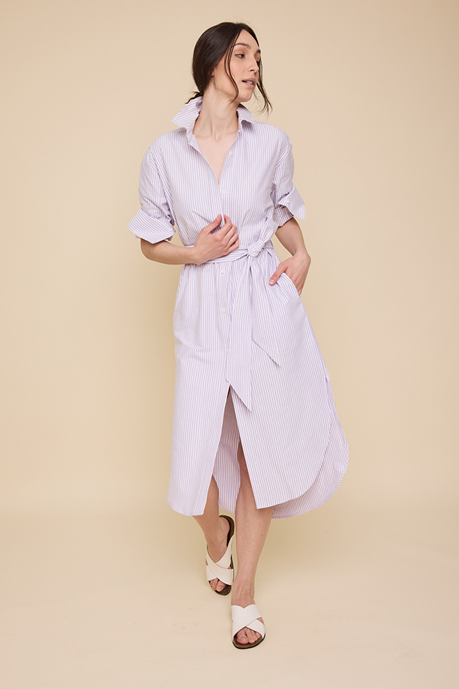 Long Belted Shirt Dress Lavender Oxford Stripe