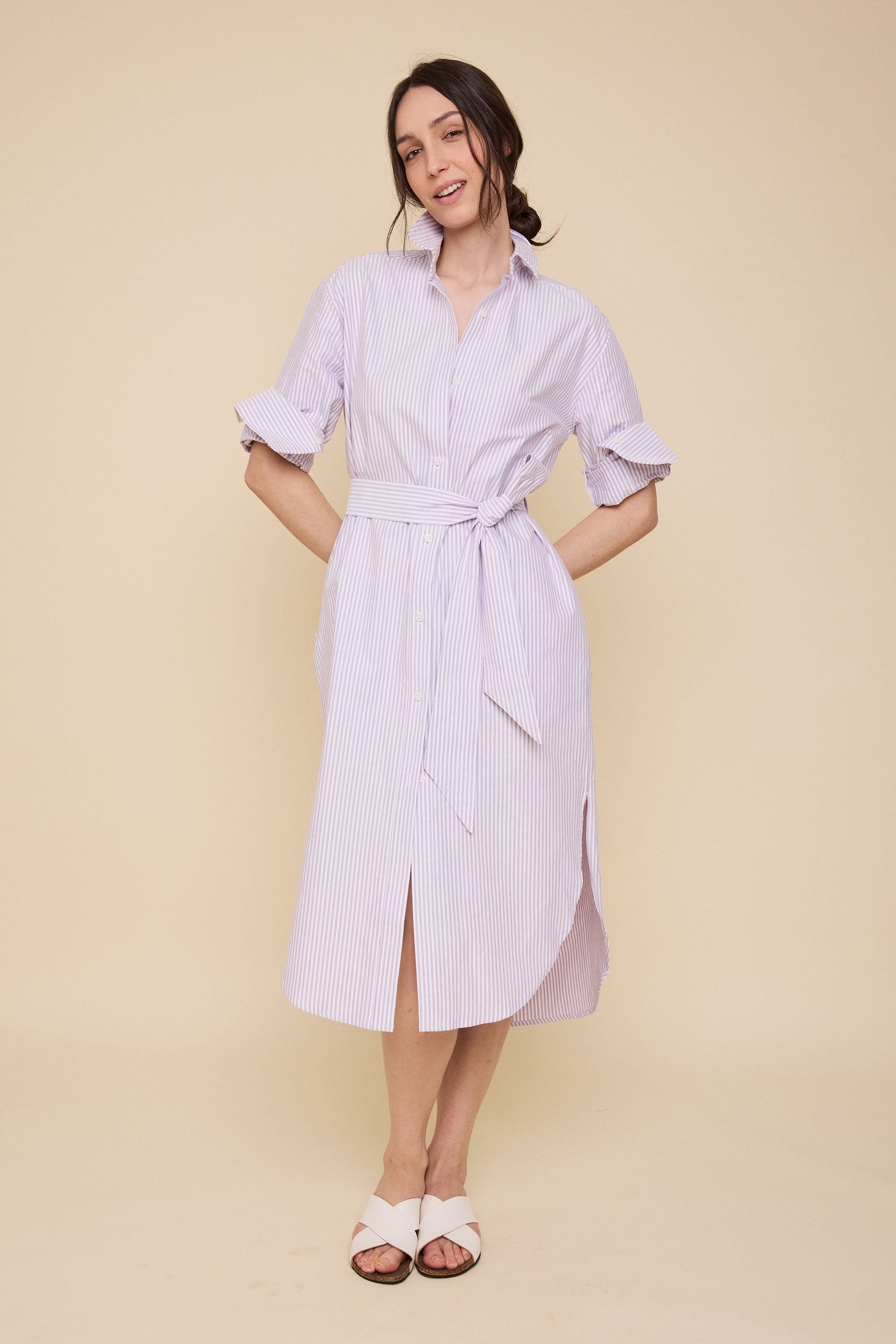Long Belted Shirt Dress Lavender Oxford Stripe | The Sleep Shirt
