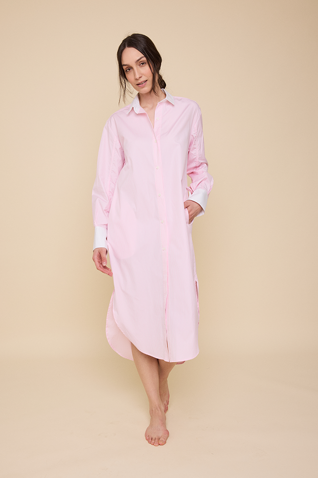 Long Belted Shirt Dress Pink Stripe Shirting
