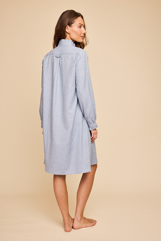 Long Ruffle Sleep Shirt Blue Herringbone Flannel