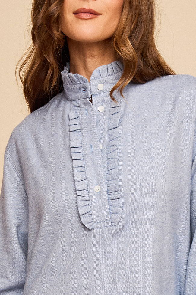 Long Ruffle Sleep Shirt Blue Herringbone Flannel