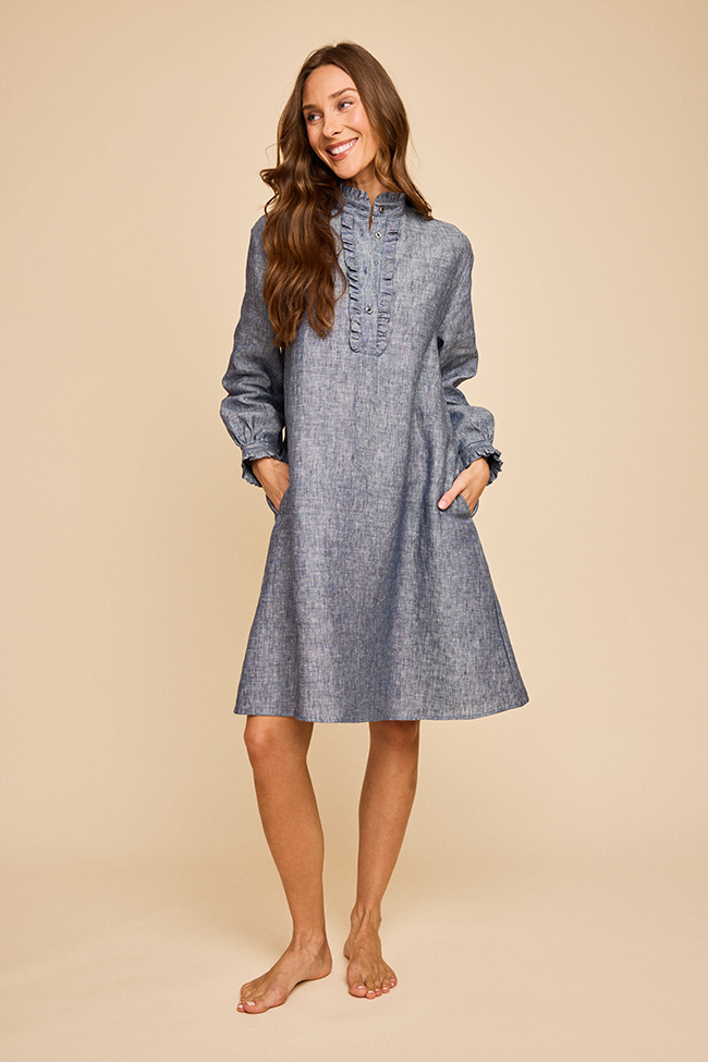 Long Ruffle Sleep Shirt Navy Linen Chambray