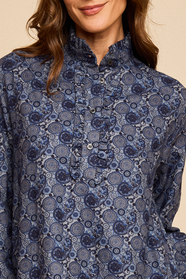 Long Ruffle Sleep Shirt Navy Paisley Flannel