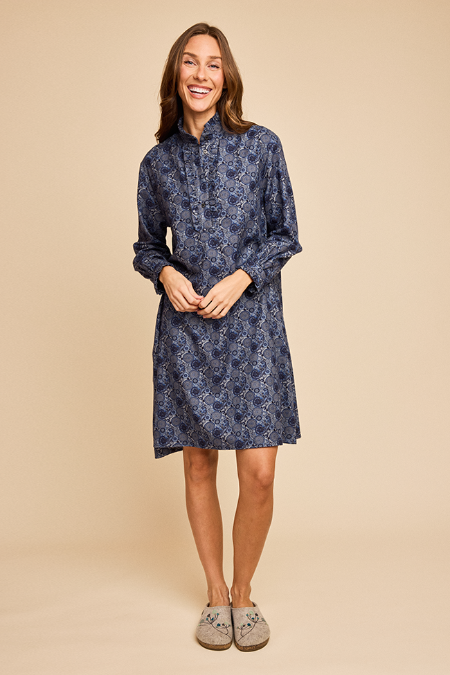 Long Ruffle Sleep Shirt Navy Paisley Flannel