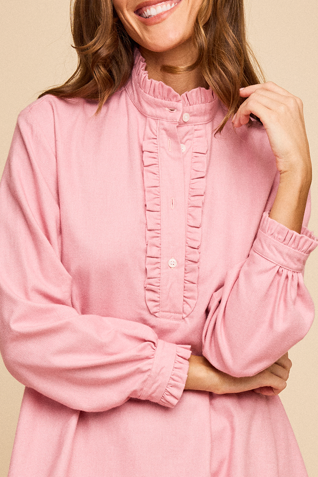 Long Ruffle Sleep Shirt Pink Flannel