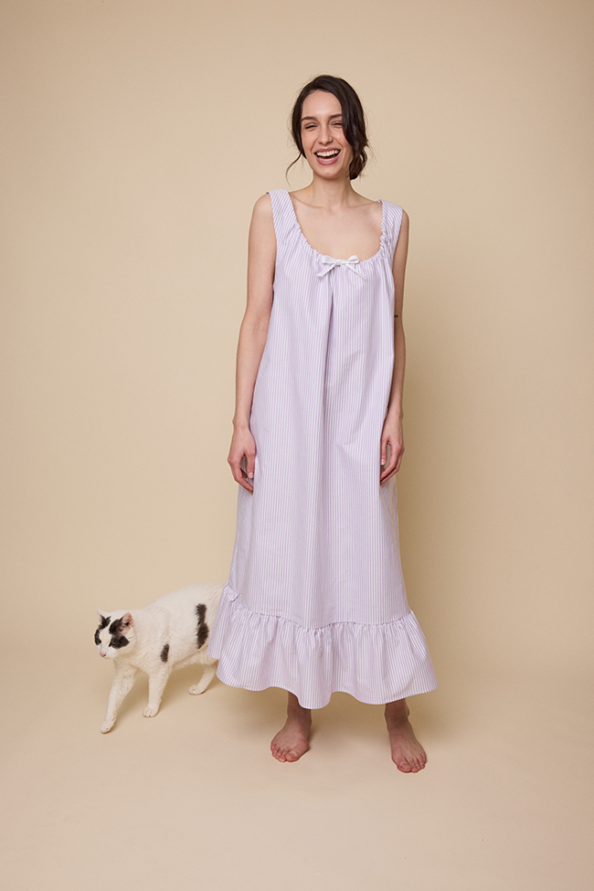 Long Sleeveless Nightie Lavender Oxford Stripe