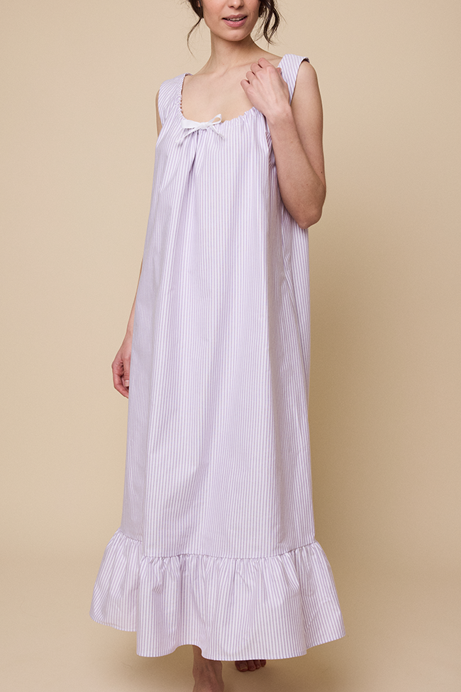 Long Sleeveless Nightie Lavender Oxford Stripe