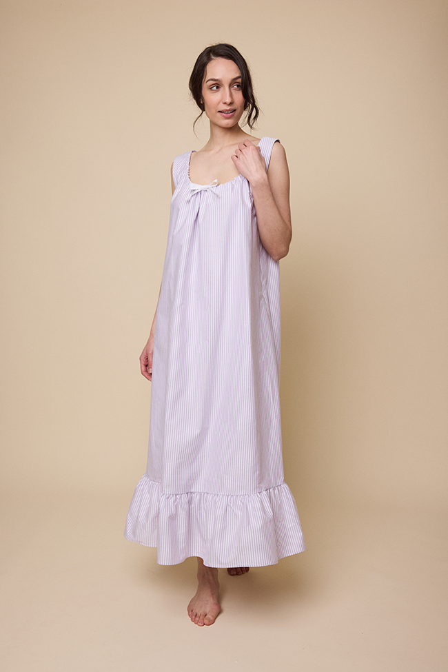 Long Sleeveless Nightie Lavender Oxford Stripe