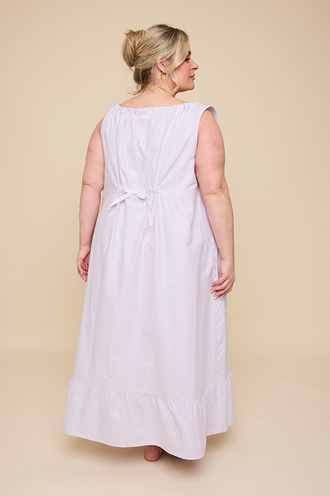 Long Sleeveless Nightie Lavender Oxford Stripe