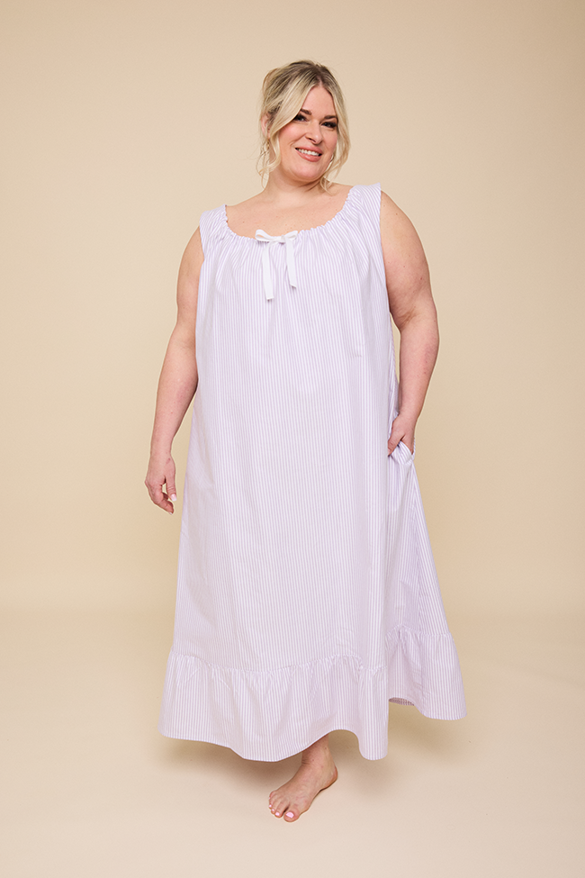 Long Sleeveless Nightie Lavender Oxford Stripe