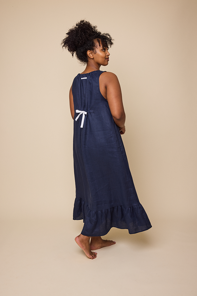 Long Sleeveless Nightie Navy Linen