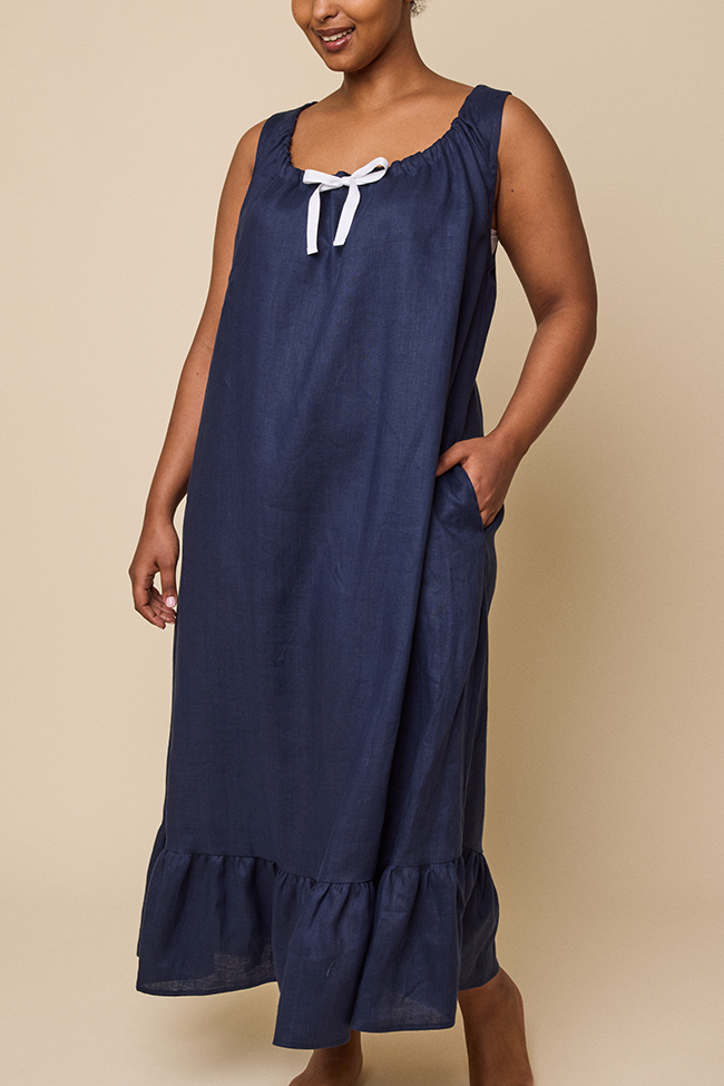 Long Sleeveless Nightie Navy Linen