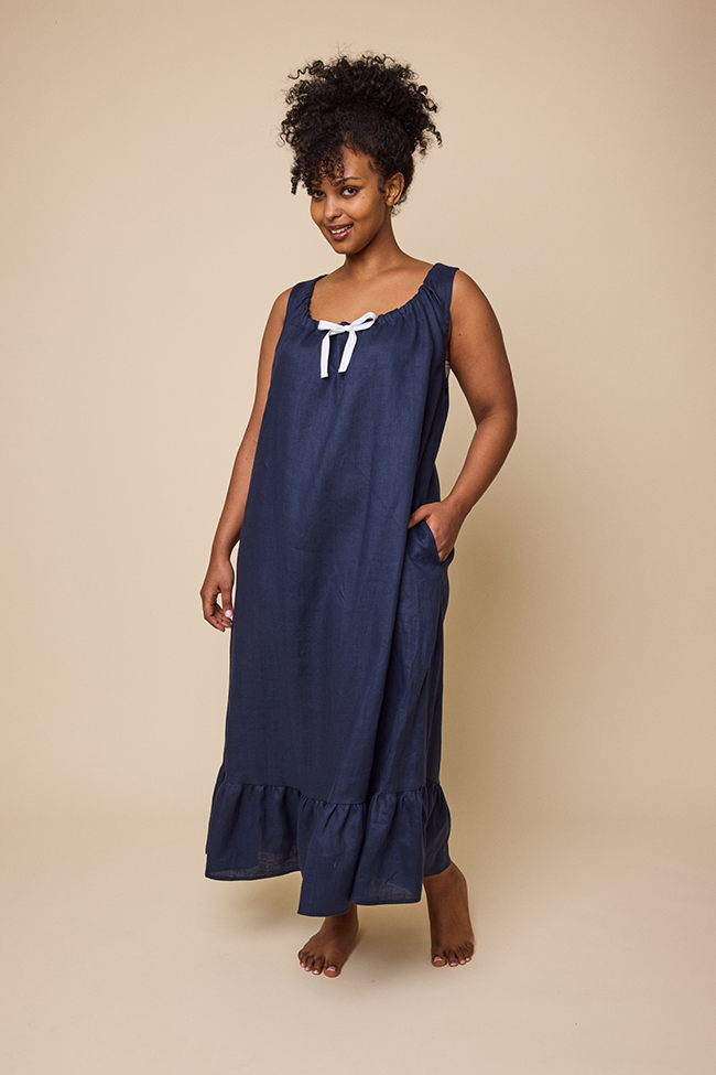 Long Sleeveless Nightie Navy Linen