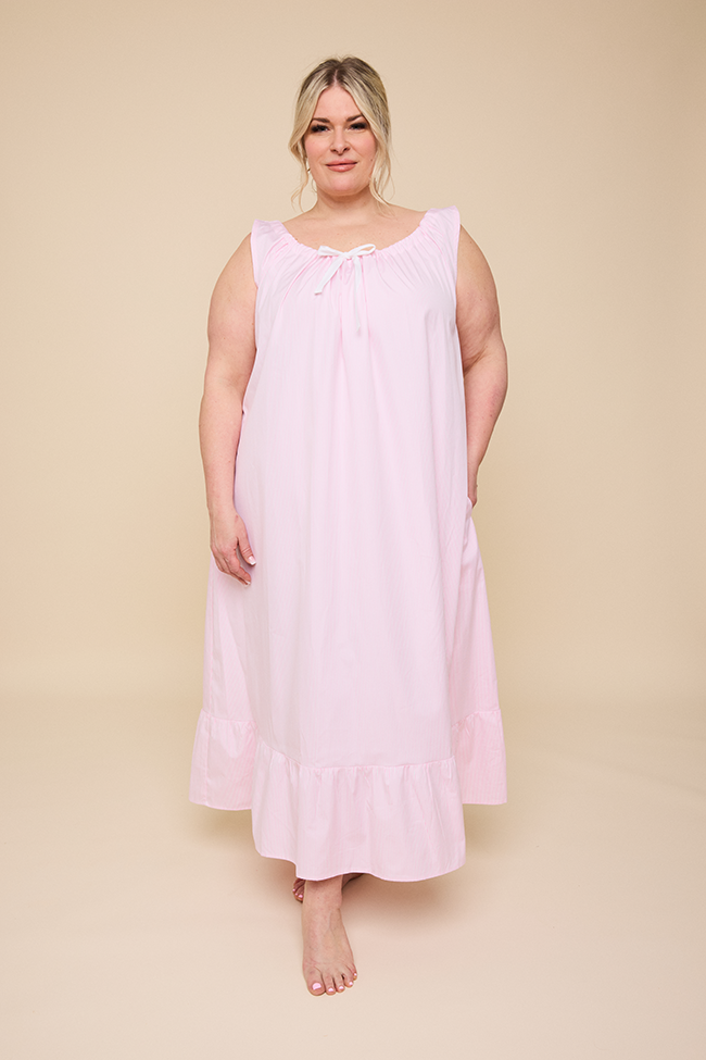 Long Sleeveless Nightie Pink Stripe Shirting