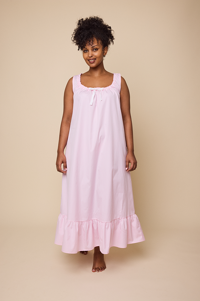 Long Sleeveless Nightie Pink Stripe Shirting