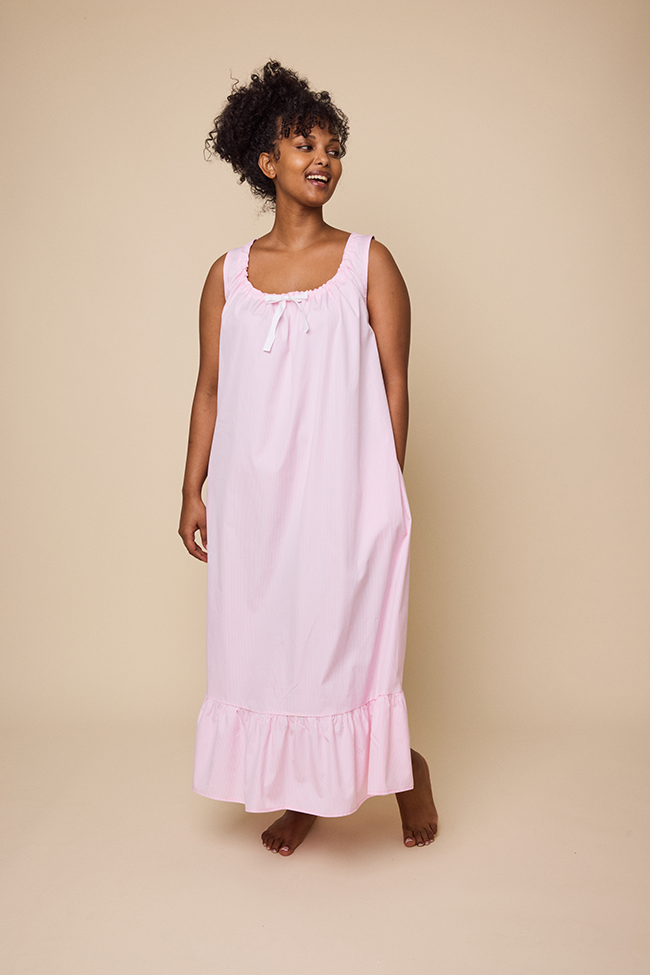 Long Sleeveless Nightie Pink Stripe Shirting