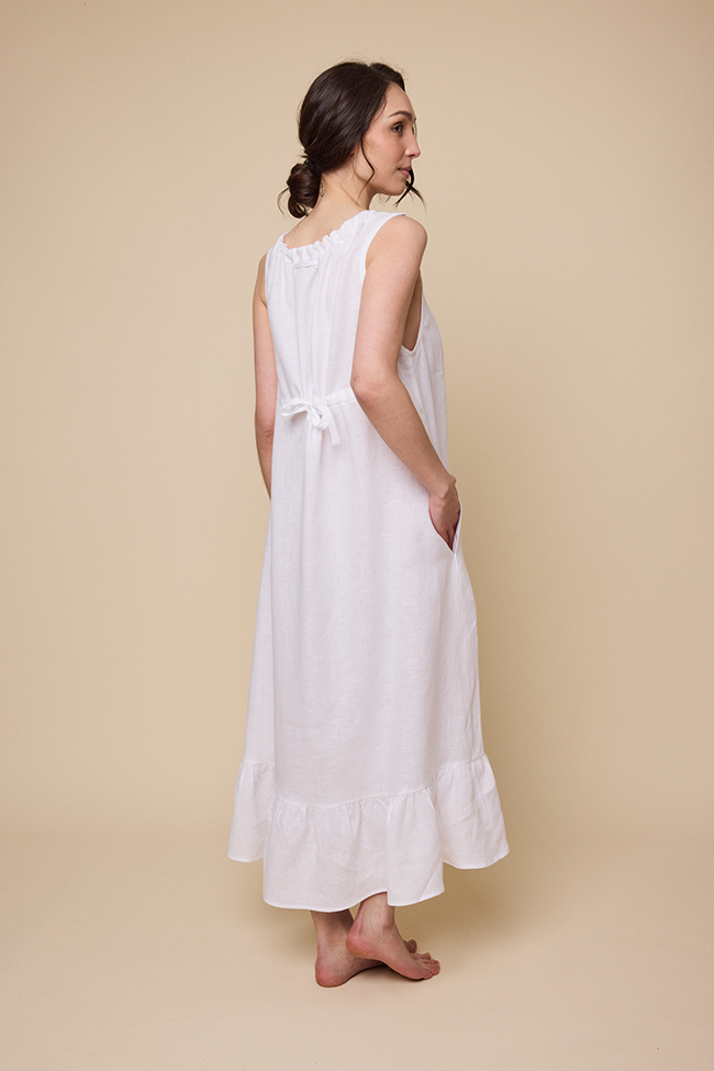 Long Sleeveless Nightie White Linen