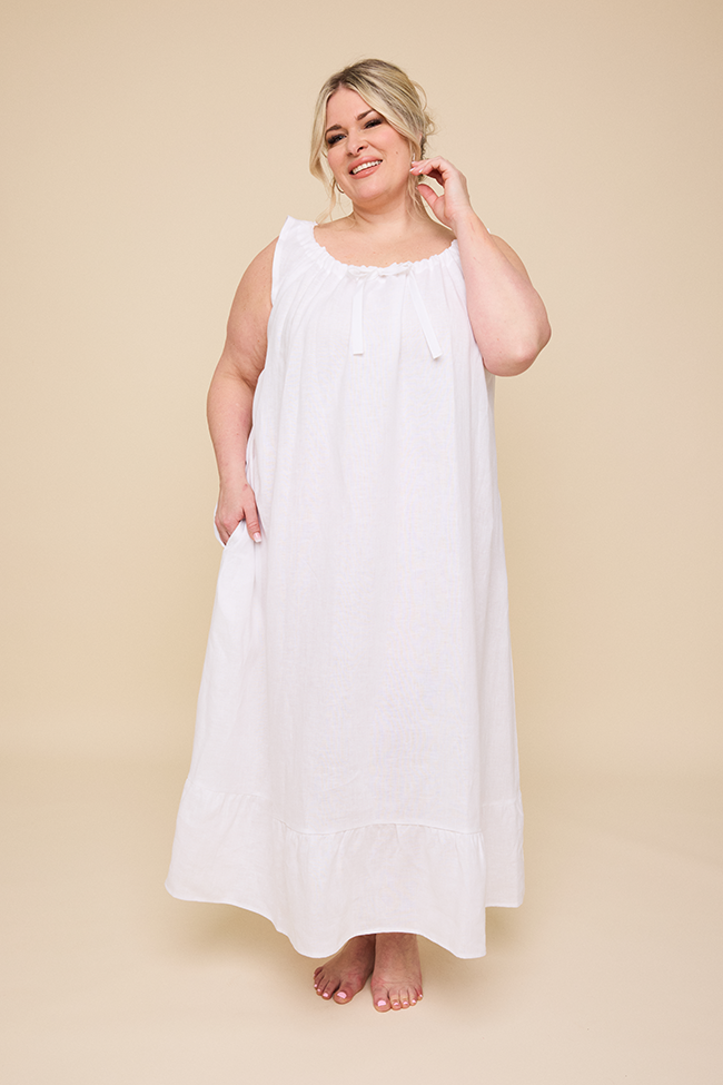 Long Sleeveless Nightie White Linen